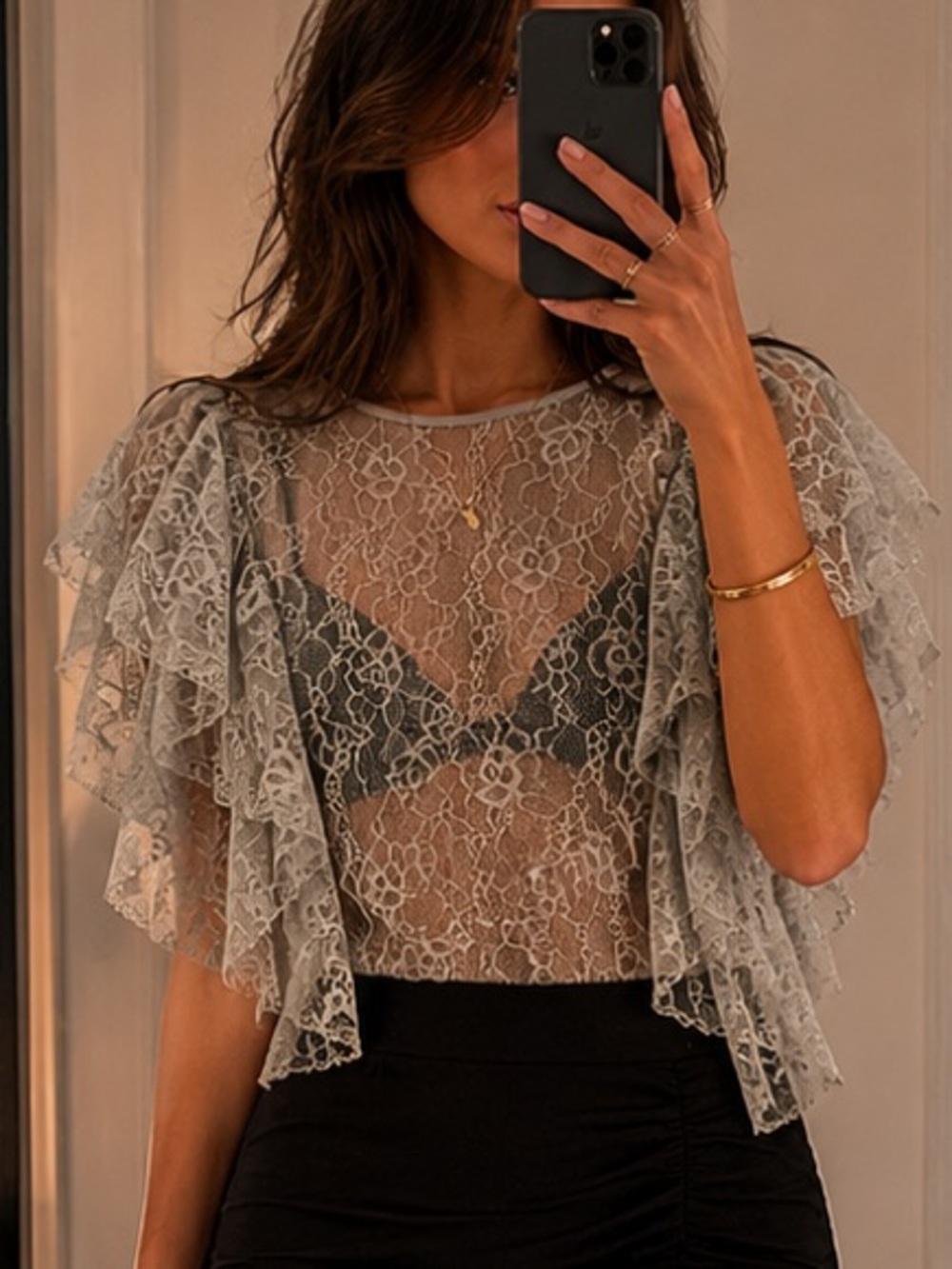 ZARA Lace Ruffle Sleeve Top - Light Gray